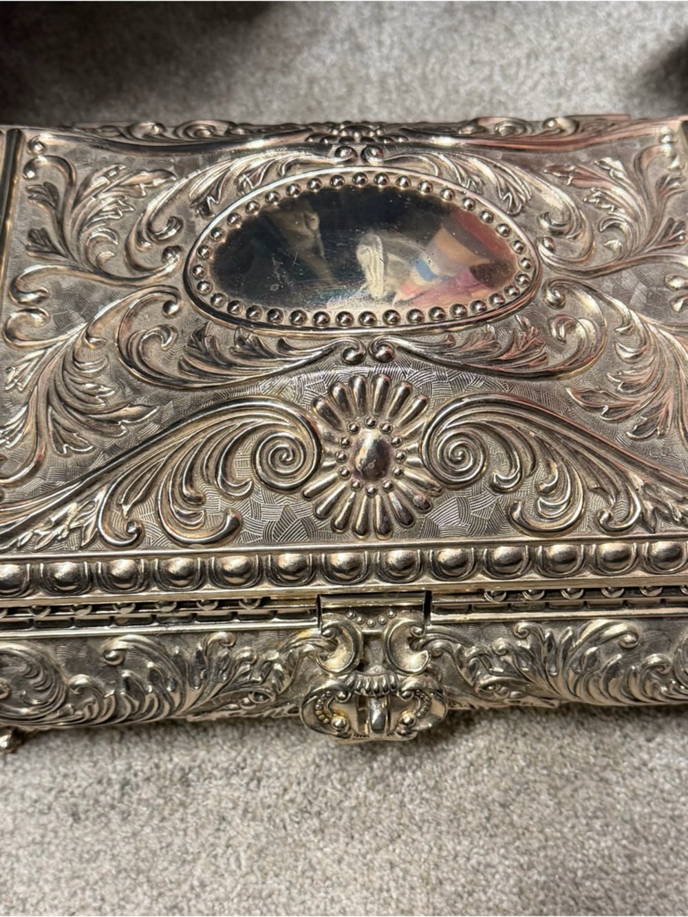Ornate Embossed Silver-Tone Jewelry Box
